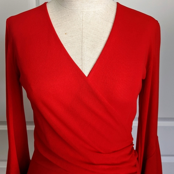FUZZI Wrap Front V-Neckline Fine Mesh Knit Long Butterfly Bell Sleeves Red L NWT - Picture 3 of 16